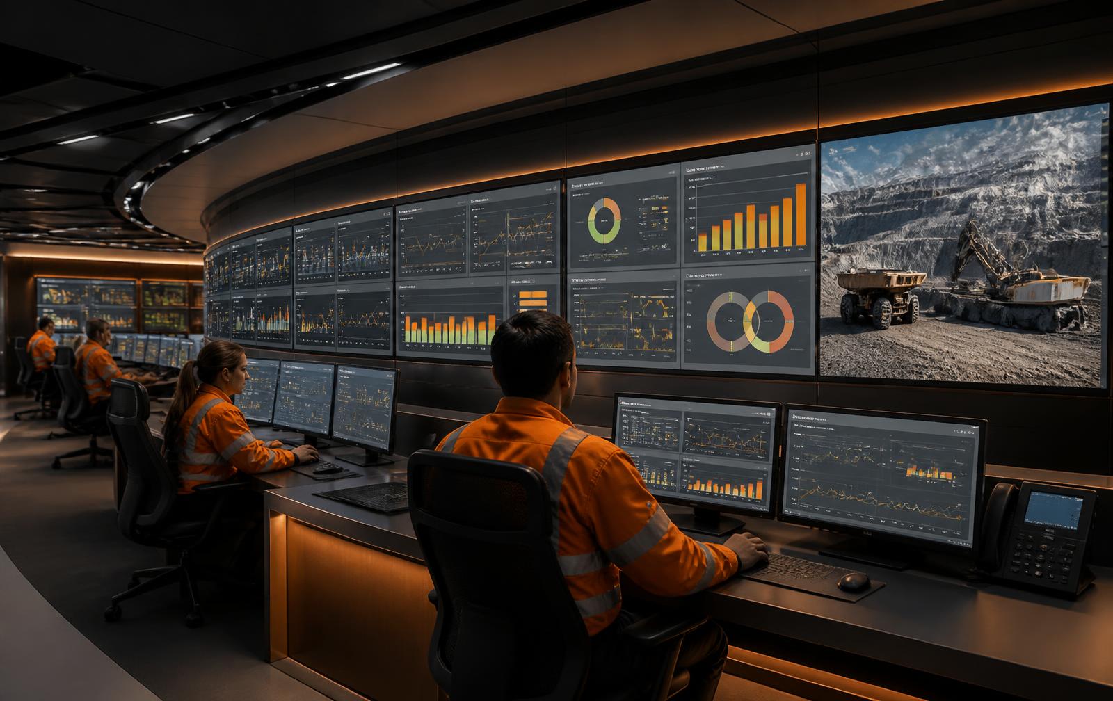 Mining control room with operators monitoring production dashboards
